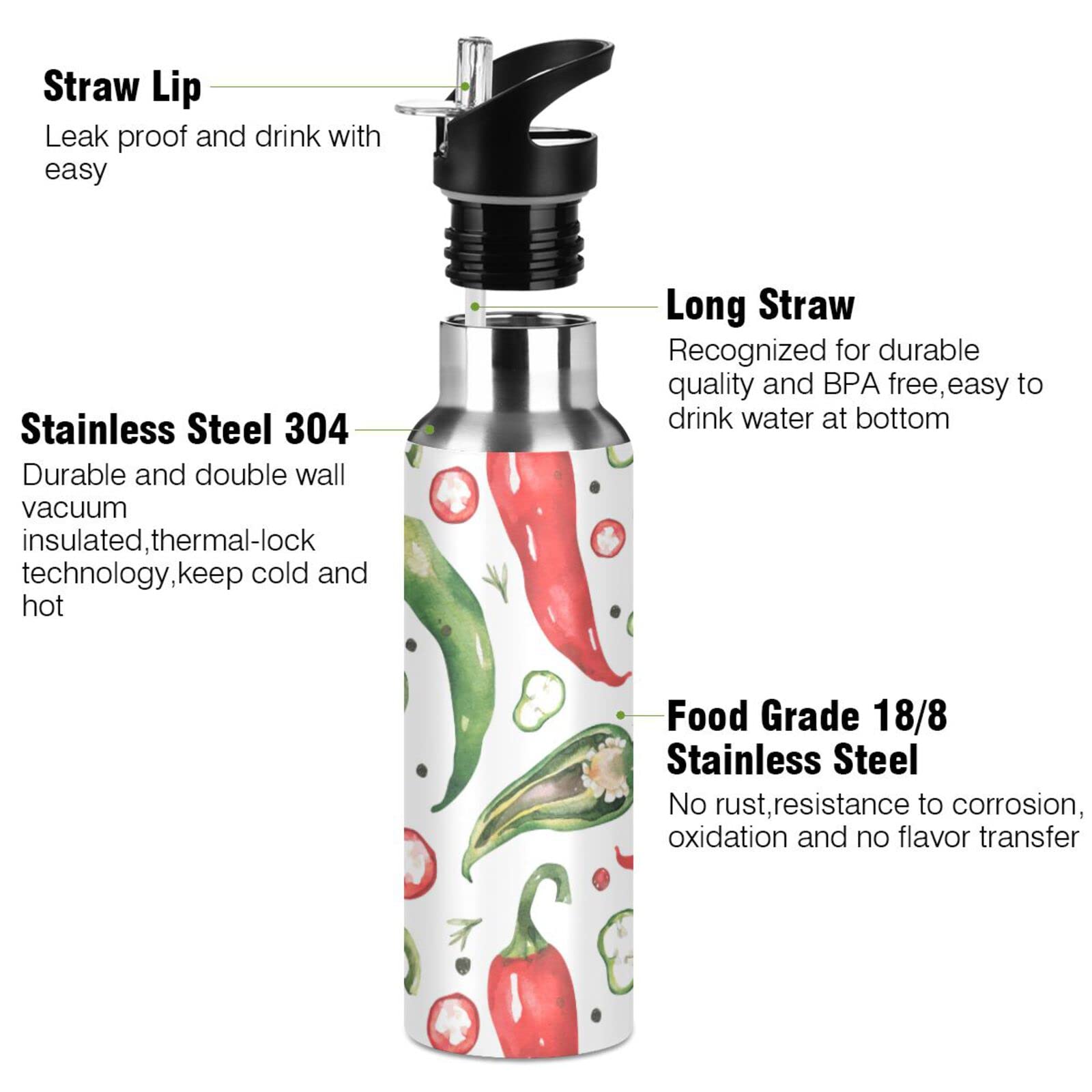 Chilli Hot Pepper Insulated Water Bottle with Straw Lid Stainless Steel Vacuum Bottles with Handle for Hot & Cold Drinks 20 oz BAP-Free