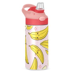 kigai cute banana pink kids water bottle, insulated stainless steel water bottles with straw lid, 12 oz bpa-free leakproof duck mouth thermos for boys girls