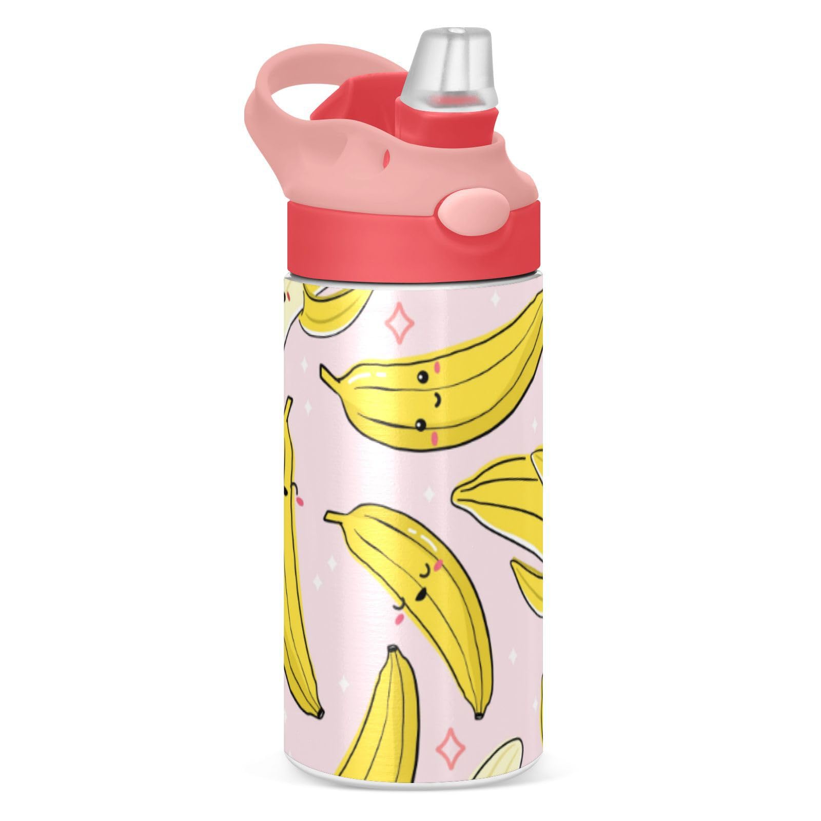 Kigai Cute Banana Pink Kids Water Bottle, Insulated Stainless Steel Water Bottles with Straw Lid, 12 oz BPA-Free Leakproof Duck Mouth Thermos for Boys Girls