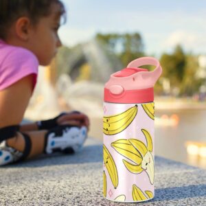 Kigai Cute Banana Pink Kids Water Bottle, Insulated Stainless Steel Water Bottles with Straw Lid, 12 oz BPA-Free Leakproof Duck Mouth Thermos for Boys Girls