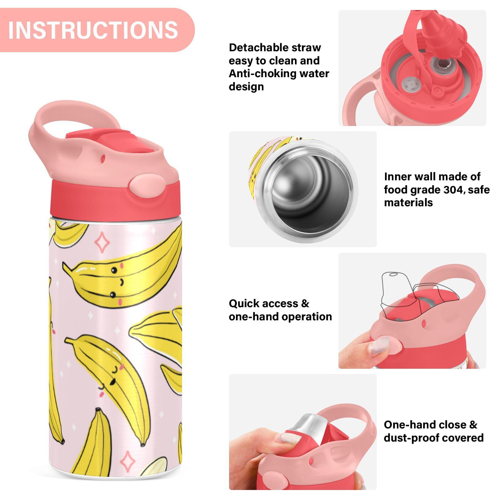 Kigai Cute Banana Pink Kids Water Bottle, Insulated Stainless Steel Water Bottles with Straw Lid, 12 oz BPA-Free Leakproof Duck Mouth Thermos for Boys Girls