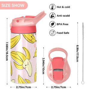 Kigai Cute Banana Pink Kids Water Bottle, Insulated Stainless Steel Water Bottles with Straw Lid, 12 oz BPA-Free Leakproof Duck Mouth Thermos for Boys Girls