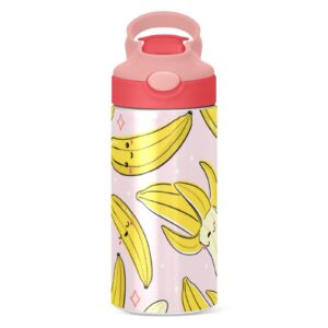 Kigai Cute Banana Pink Kids Water Bottle, Insulated Stainless Steel Water Bottles with Straw Lid, 12 oz BPA-Free Leakproof Duck Mouth Thermos for Boys Girls