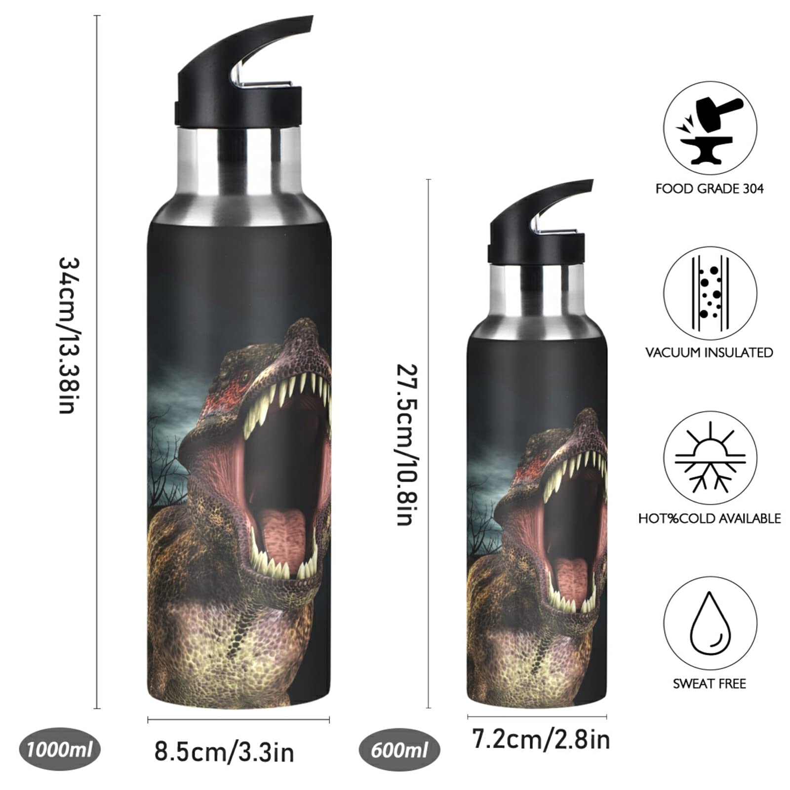 ALAZA Dinosaur Tyrannosaurus Rex Water Bottle with Straw Lid Vacuum Insulated Stainless Steel Thermo Flask Water Bottle 20oz