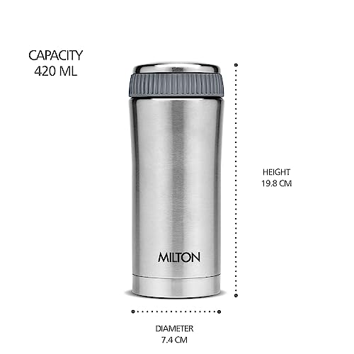 Milton Optima Double Walled Vacuum Insualted Food Flask, Soup Flask, Food Container, 420 ml | 14 oz | Hot and Cold for Long Hours, 18/8 Stainless Steel, Rust and Leak-Proof, BPA-Free | Silver