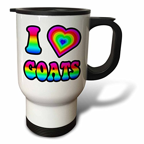 3dRose Groovy Hippie Rainbow I Heart Love Goats-Travel Mug, 14 oz, Stainless Steel, White