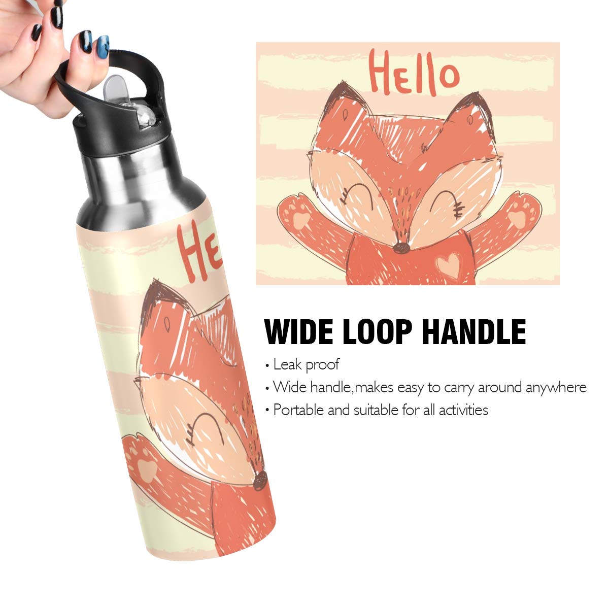 OREZI Hand Drawn Cute Fox Water Bottle Thermos with Straw Lid for Boys Girls,600 ml,Leakproof Stainless-Steel Sports Bottle for Women Men Teenag