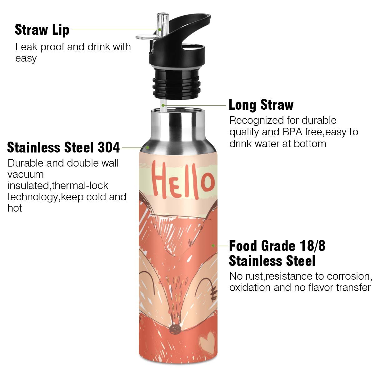 OREZI Hand Drawn Cute Fox Water Bottle Thermos with Straw Lid for Boys Girls,600 ml,Leakproof Stainless-Steel Sports Bottle for Women Men Teenag