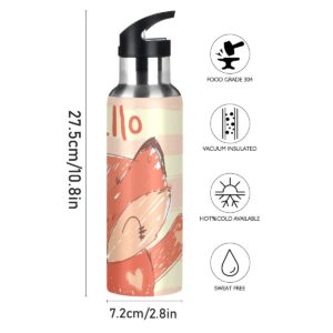 OREZI Hand Drawn Cute Fox Water Bottle Thermos with Straw Lid for Boys Girls,600 ml,Leakproof Stainless-Steel Sports Bottle for Women Men Teenag