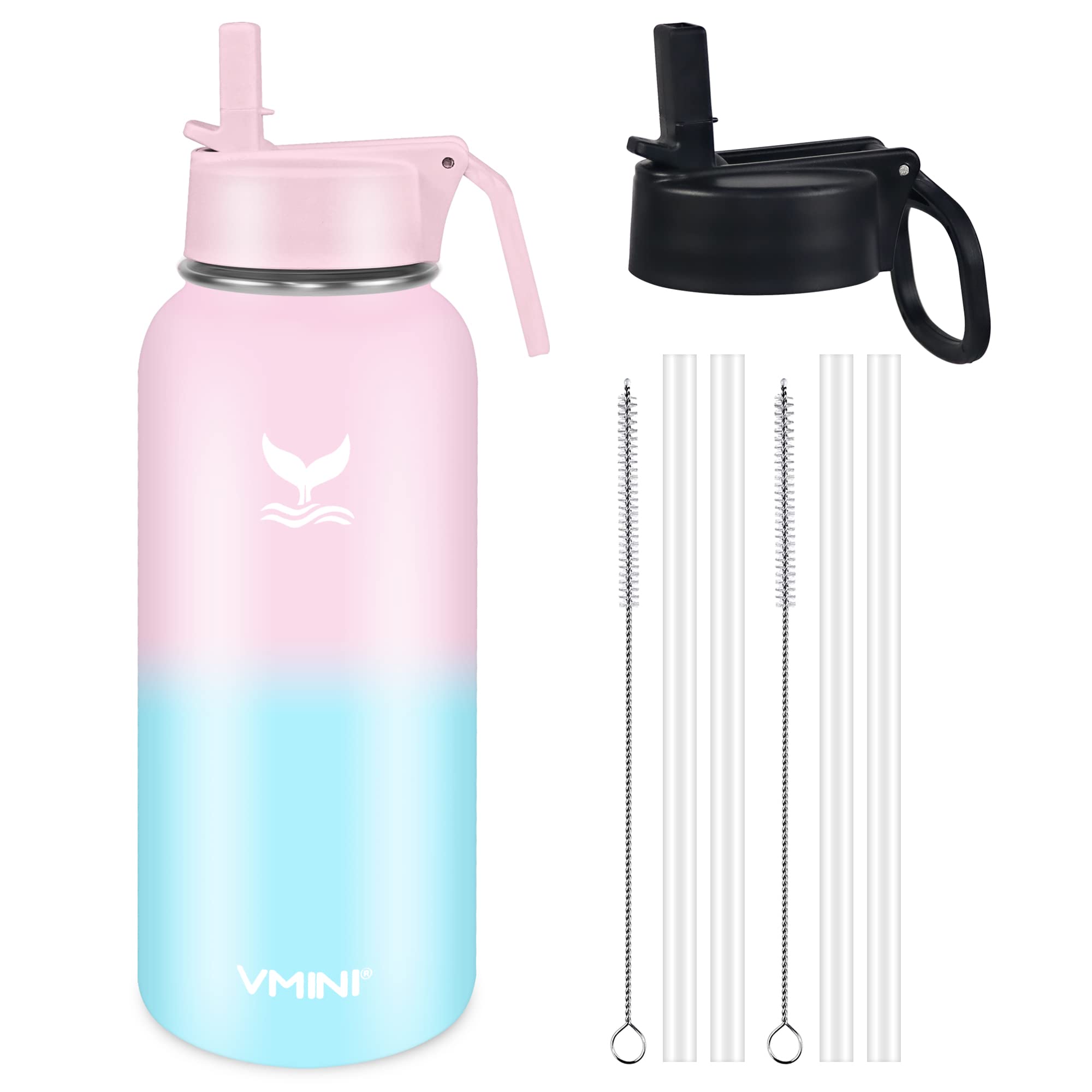 Vmini Water Bottle with New Wide Handle Straw Lid, Wide Mouth Vacuum Insulated 18/8 Stainless Steel, 4 Straws and 2 Brushes, 32 oz, Gradient Pink + Blue