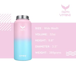 Vmini Water Bottle with New Wide Handle Straw Lid, Wide Mouth Vacuum Insulated 18/8 Stainless Steel, 4 Straws and 2 Brushes, 32 oz, Gradient Pink + Blue