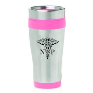 mip brand 16oz insulated stainless steel travel mug np nurse practitioner caduceus (hot pink)