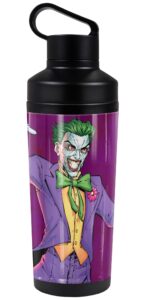 batman - logo official joker character 18 oz insulated water bottle, leak resistant, vacuum insulated stainless steel with 2-in-1 loop cap