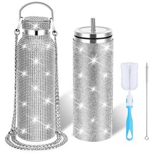 2 pieces glitter water bottles rhinestone stainless steel thermal water bottle bling insulated water bottle with chain bedazzled refillable water bottle with cup brushes for women girl