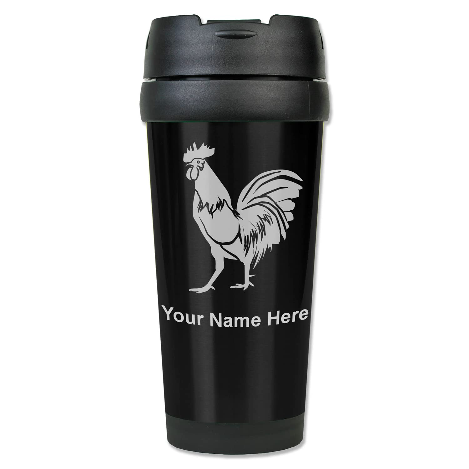 LaserGram 16oz Coffee Travel Mug, Rooster, Personalized Engraving Included (Black)