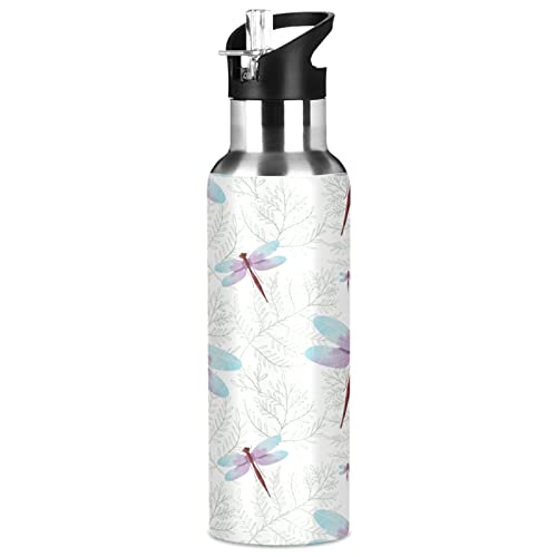 Pink and Blue Dragonfly Water Bottle with Straw Lid Thermos Insulated Stainless Steel Water Flask 20 Oz,WT083