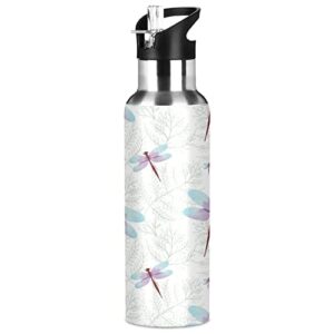pink and blue dragonfly water bottle with straw lid thermos insulated stainless steel water flask 20 oz,wt083