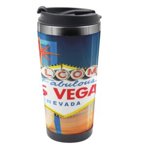 ambesonne usa travel mug, welcome to fabulous las vegas nevada sign detailed picture traveler urban road design, steel thermal cup, 16 oz, navy red
