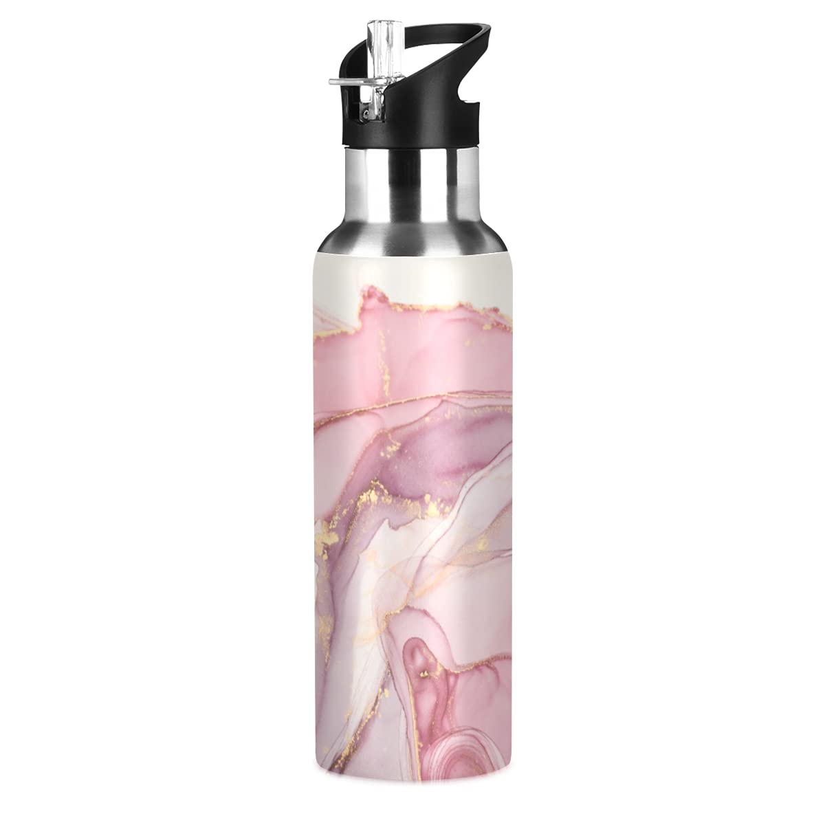 xigua Pink Marble Abstract Insulated Water Bottle 22oz with Straw Lid Stainless Steel Vacuum Cup Leakproof Thermal Bottles for Sport Keep Cold/Warm