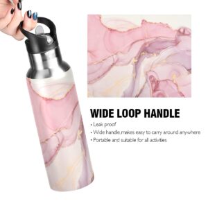 xigua Pink Marble Abstract Insulated Water Bottle 22oz with Straw Lid Stainless Steel Vacuum Cup Leakproof Thermal Bottles for Sport Keep Cold/Warm