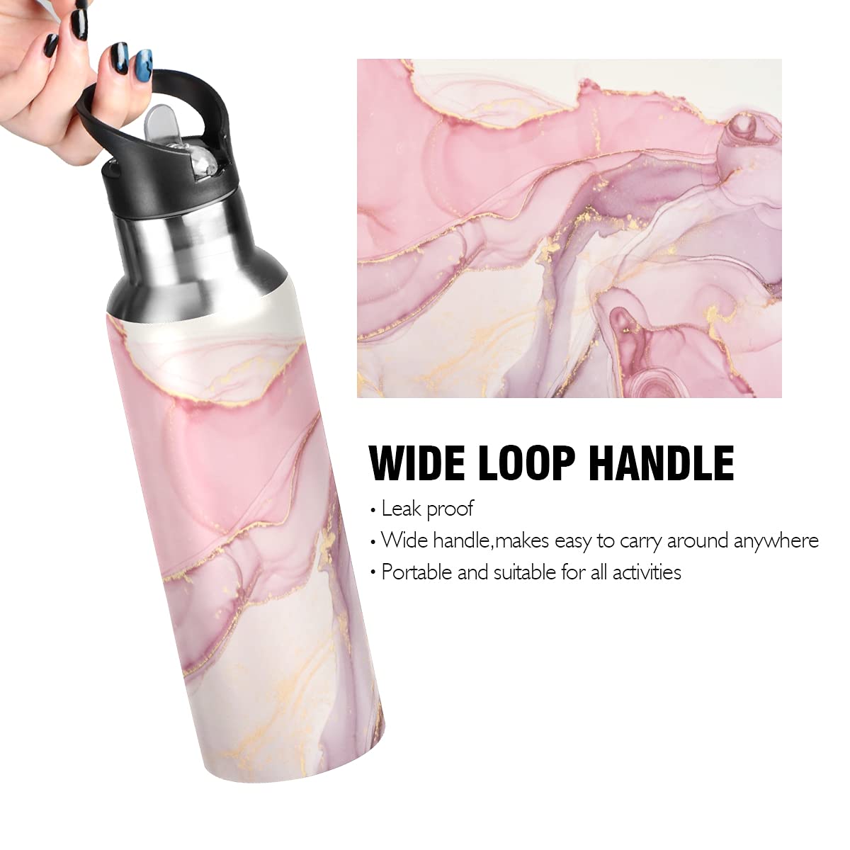 xigua Pink Marble Abstract Insulated Water Bottle 22oz with Straw Lid Stainless Steel Vacuum Cup Leakproof Thermal Bottles for Sport Keep Cold/Warm