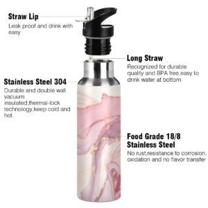 xigua Pink Marble Abstract Insulated Water Bottle 22oz with Straw Lid Stainless Steel Vacuum Cup Leakproof Thermal Bottles for Sport Keep Cold/Warm