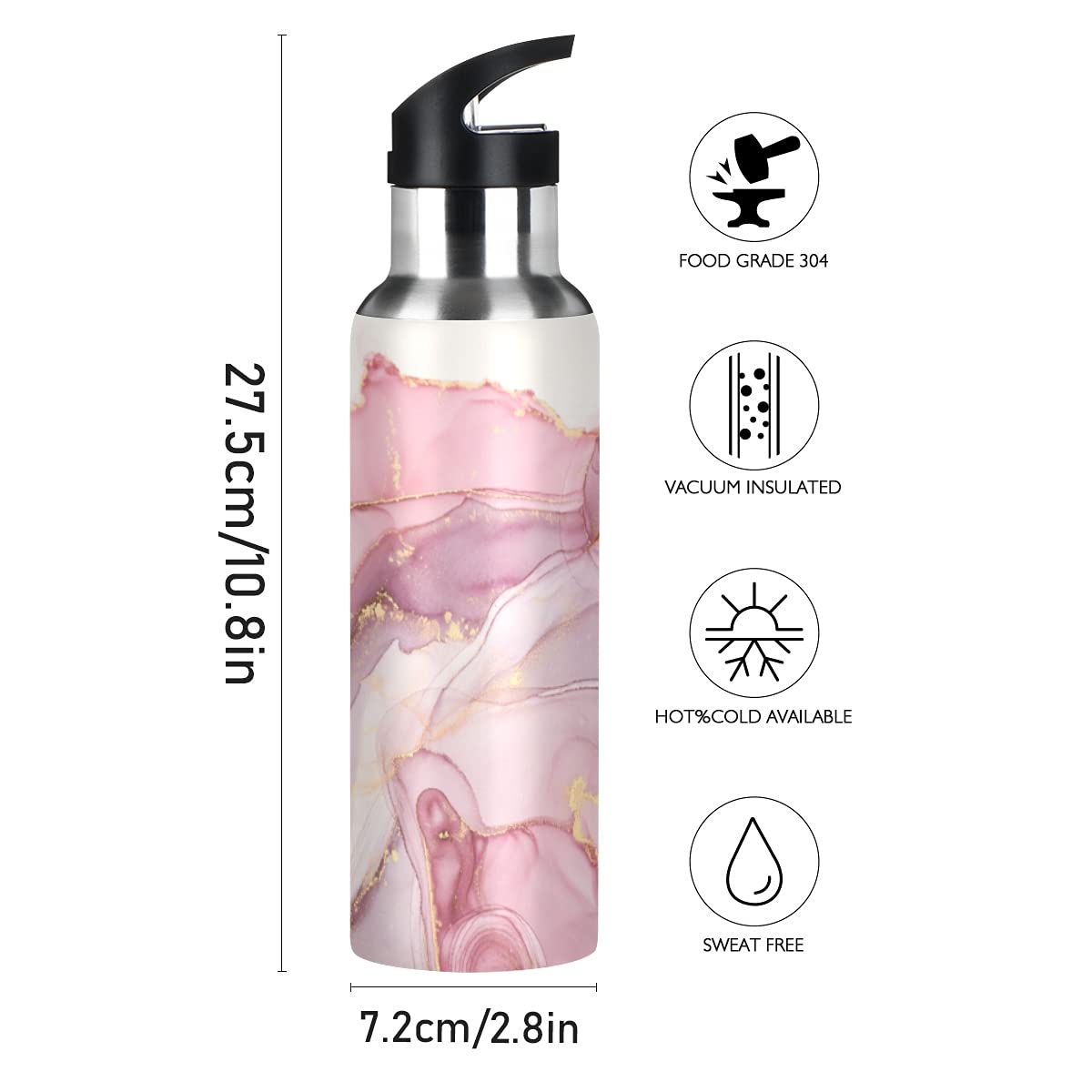 xigua Pink Marble Abstract Insulated Water Bottle 22oz with Straw Lid Stainless Steel Vacuum Cup Leakproof Thermal Bottles for Sport Keep Cold/Warm