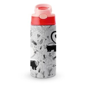 black white skunks floral flowers vintage old retro style stainless steel water bottle, leak-proof hot cold travel mug with handle cup bottle 16.9 oz, coffee mug with red straw lid