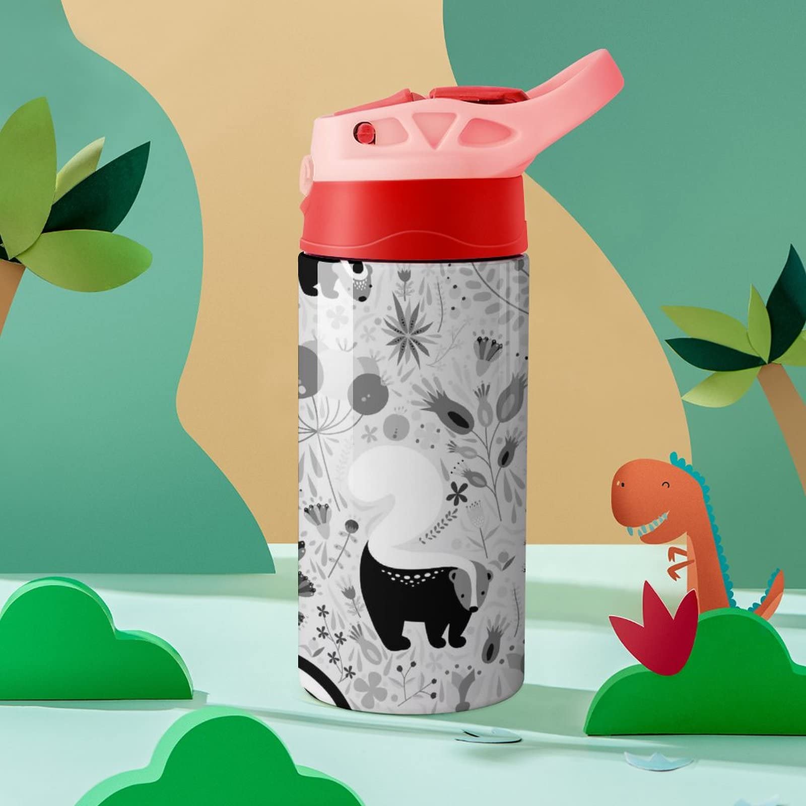 Black White Skunks Floral Flowers Vintage Old Retro Style Stainless Steel Water Bottle, Leak-Proof Hot Cold Travel Mug with Handle Cup Bottle 16.9 Oz, Coffee Mug with Red Straw Lid