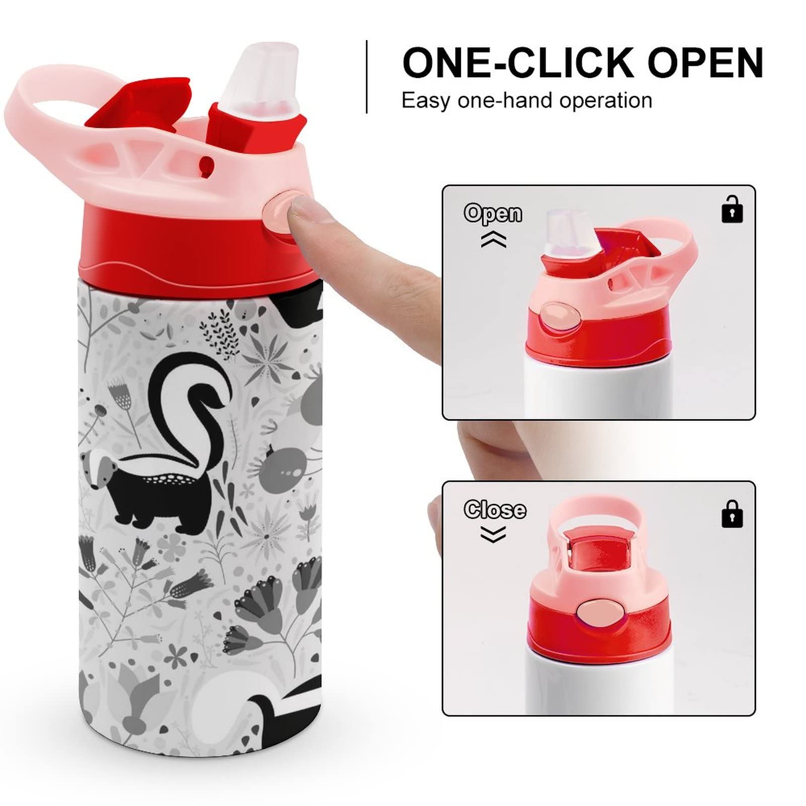 Black White Skunks Floral Flowers Vintage Old Retro Style Stainless Steel Water Bottle, Leak-Proof Hot Cold Travel Mug with Handle Cup Bottle 16.9 Oz, Coffee Mug with Red Straw Lid