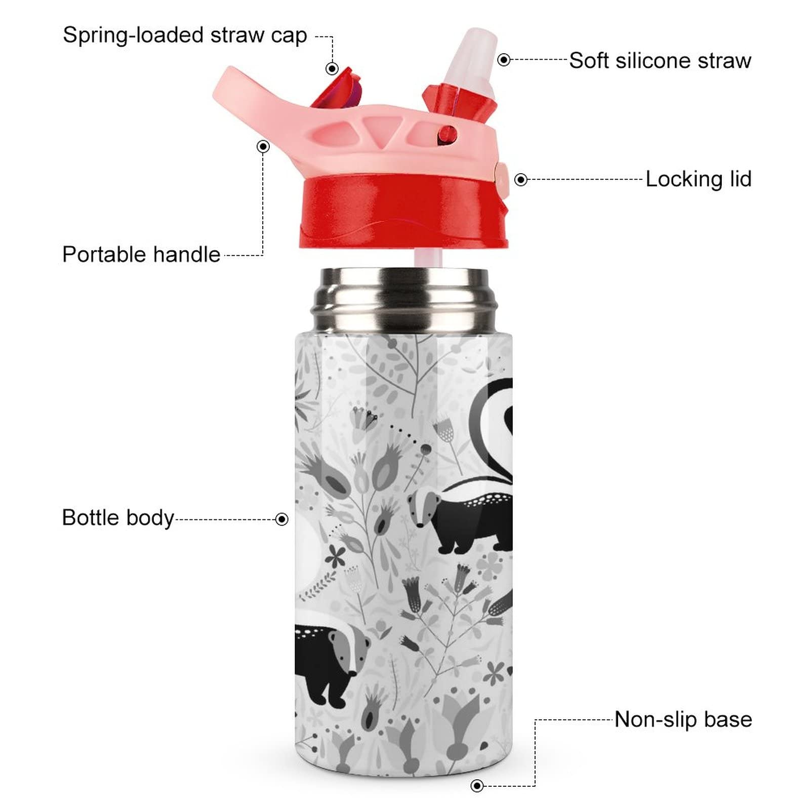 Black White Skunks Floral Flowers Vintage Old Retro Style Stainless Steel Water Bottle, Leak-Proof Hot Cold Travel Mug with Handle Cup Bottle 16.9 Oz, Coffee Mug with Red Straw Lid