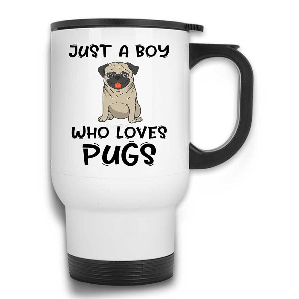 Just A Boy Who Loves Pugs Dog Lover Travel Mug with Handle and Lid for Kids Puppy | White Stainless Steel 14 Oz