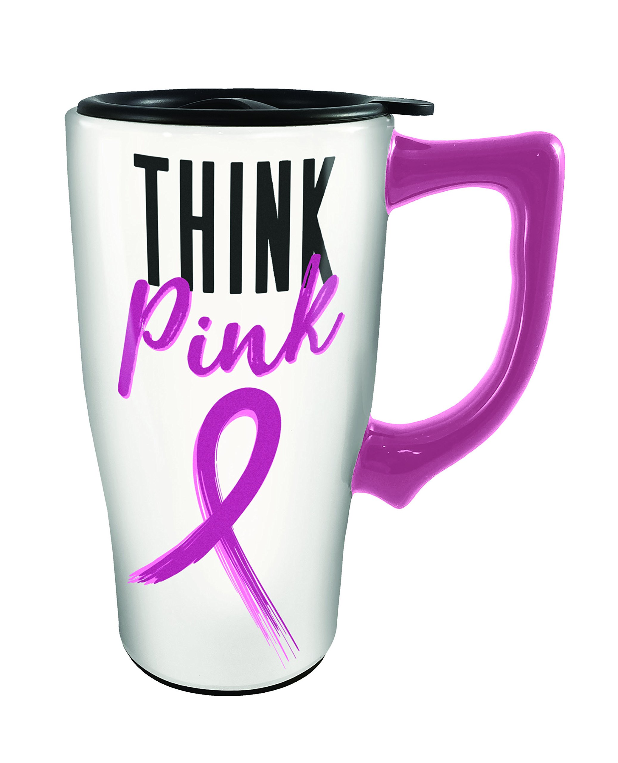 Spoontiques Think Pink Ceramic Travel Mug, White, 16 ounce