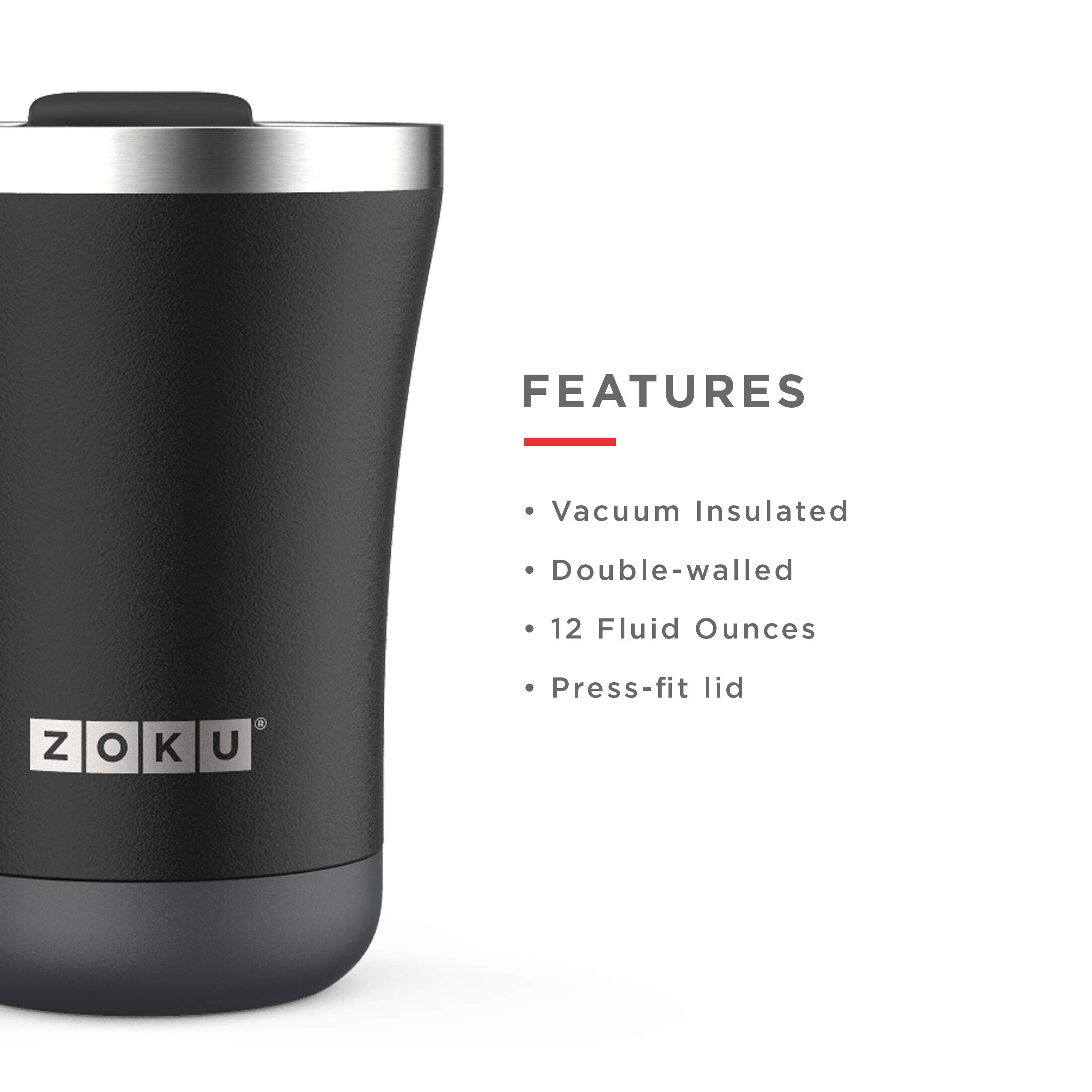 Zoku 12oz Powder Coated Tumbler, Black | Premium Stainless Steel and Vacuum Insulated | Special Rotating Lid Designed for Sipping and Straw Use