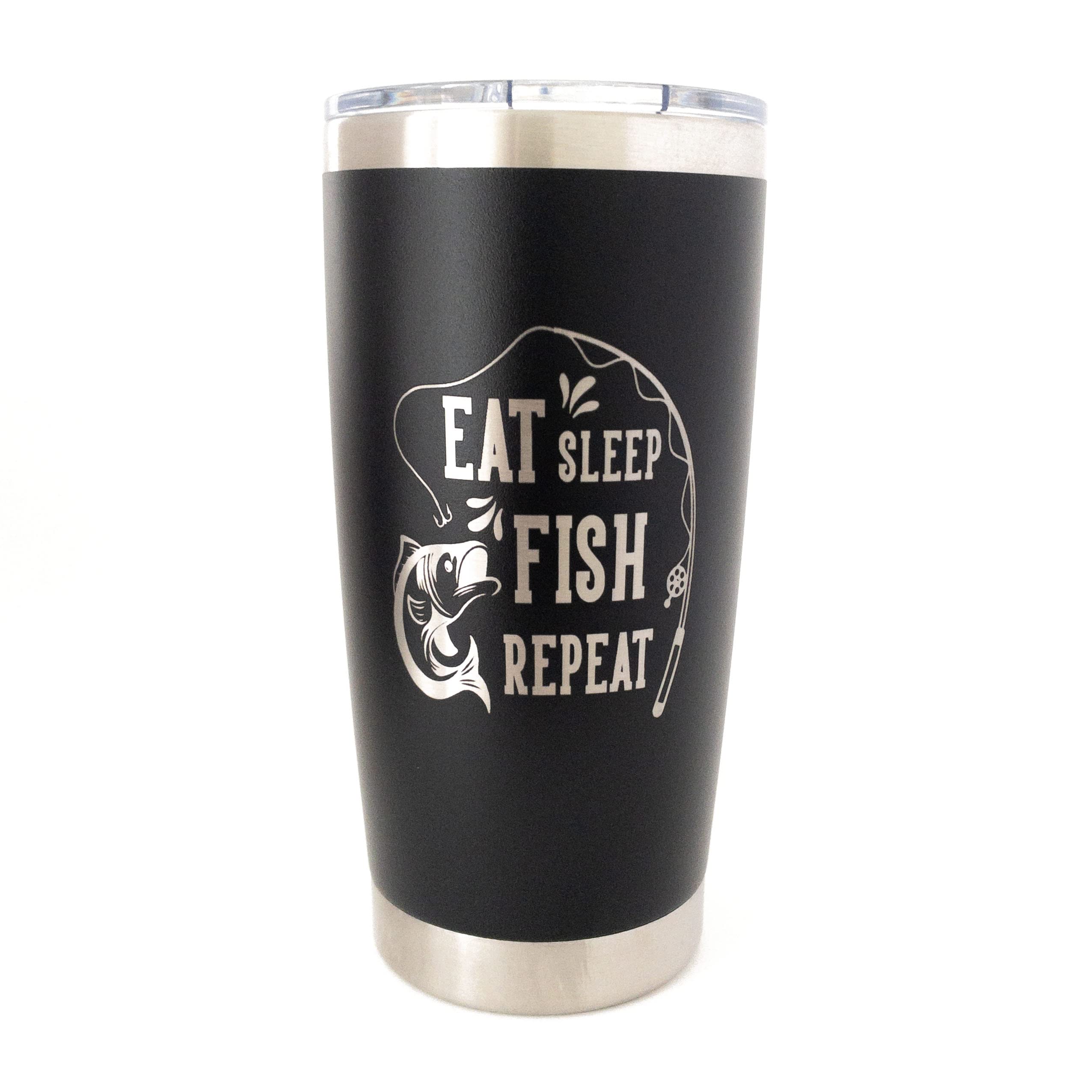 Fly Fishing Travel Mugs for Men, Fathers Day Gift for Him, 20oz Stainless Steel Tumbler with Lid (Black), Bass Fishing Gifts