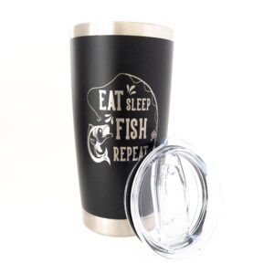Fly Fishing Travel Mugs for Men, Fathers Day Gift for Him, 20oz Stainless Steel Tumbler with Lid (Black), Bass Fishing Gifts