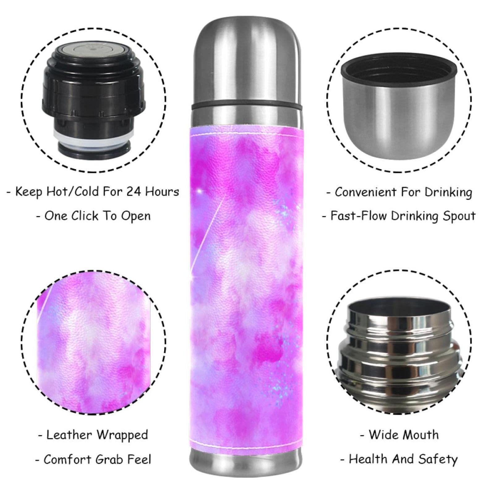 Stainless Steel Leather Vacuum Insulated Mug Starry Sky Thermos Water Bottle for Hot and Cold Drinks Kids Adults 16 Oz