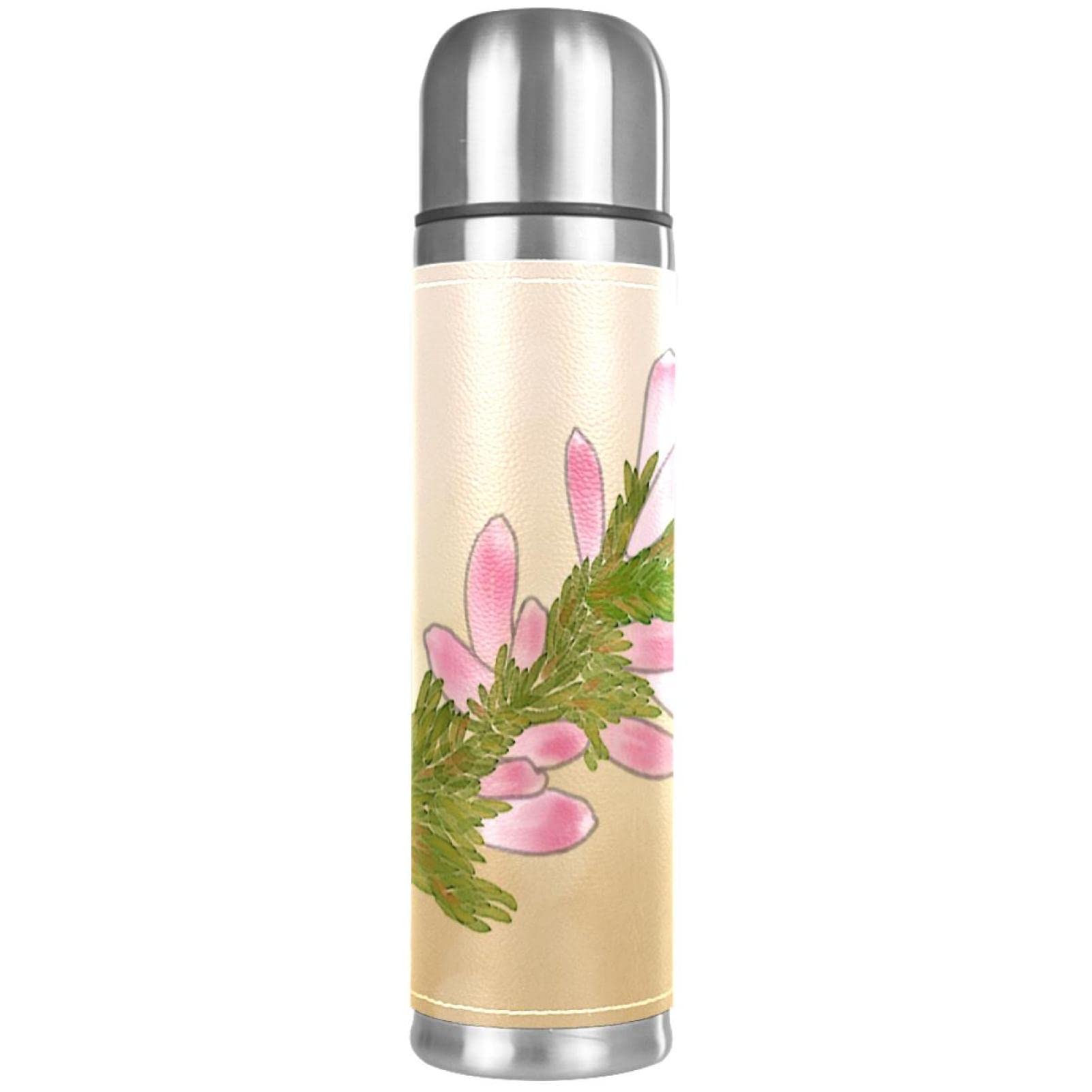 Stainless Steel Leather Vacuum Insulated Mug Flowers Thermos Water Bottle for Hot and Cold Drinks Kids Adults 16 Oz