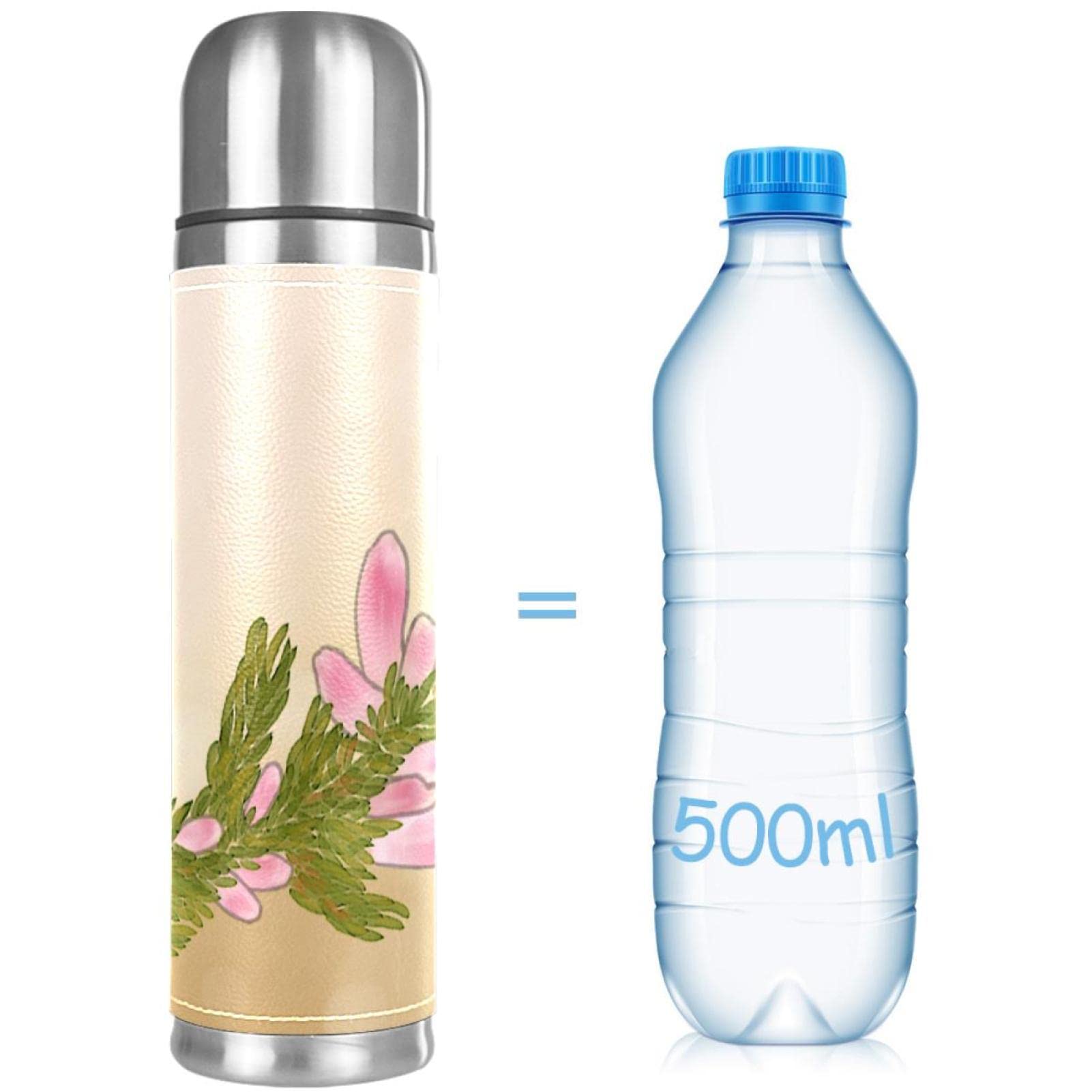 Stainless Steel Leather Vacuum Insulated Mug Flowers Thermos Water Bottle for Hot and Cold Drinks Kids Adults 16 Oz