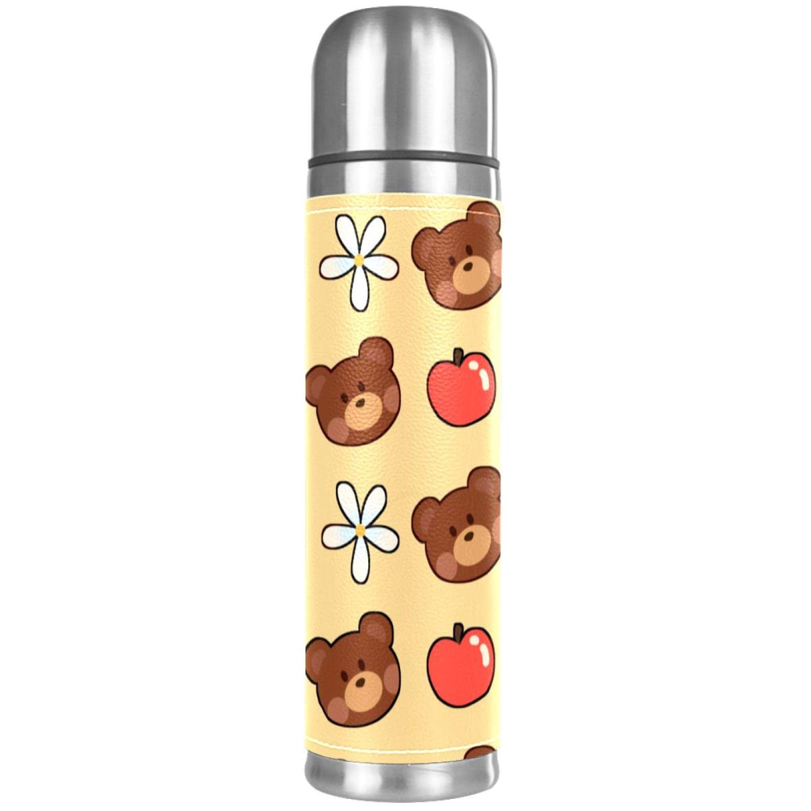 Stainless Steel Leather Vacuum Insulated Mug Bear Thermos Water Bottle for Hot and Cold Drinks Kids Adults 16 Oz