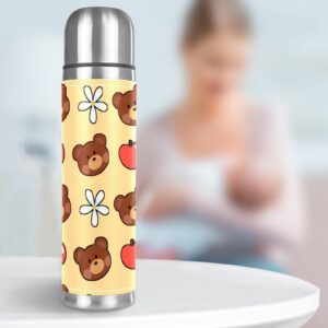 Stainless Steel Leather Vacuum Insulated Mug Bear Thermos Water Bottle for Hot and Cold Drinks Kids Adults 16 Oz