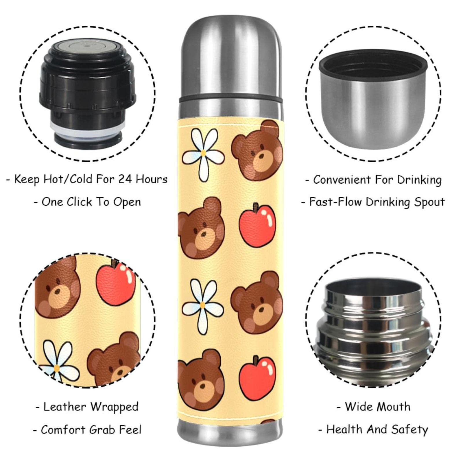 Stainless Steel Leather Vacuum Insulated Mug Bear Thermos Water Bottle for Hot and Cold Drinks Kids Adults 16 Oz