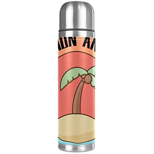 Stainless Steel Leather Vacuum Insulated Mug Coconut Tree Thermos Water Bottle for Hot and Cold Drinks Kids Adults 16 Oz