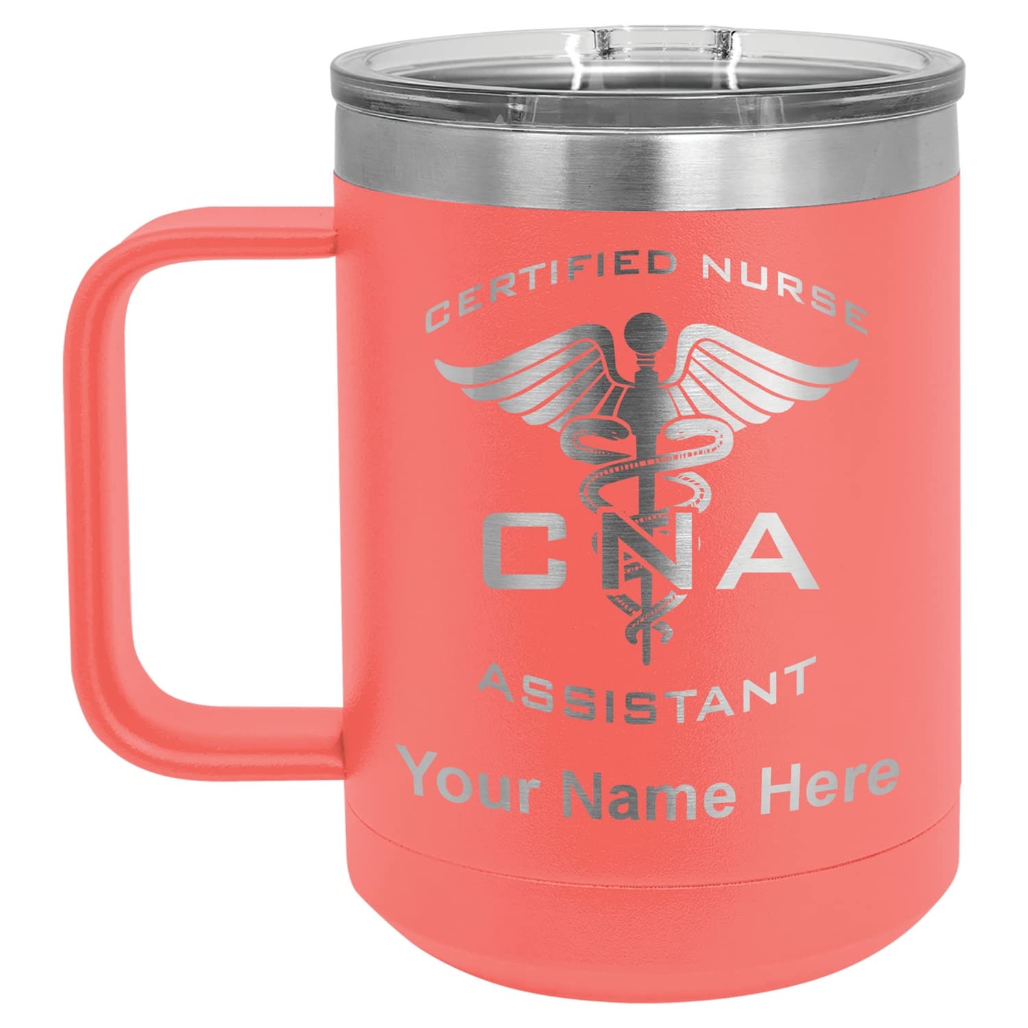 LaserGram 15oz Vacuum Insulated Coffee Mug, CNA Certified Nurse Assistant, Personalized Engraving Included (Coral)