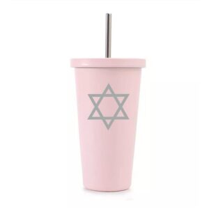 16 oz stainless steel double wall insulated tumbler pool beach cup travel mug with straw jewish star of david (light pink)