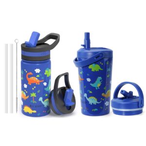 buzio insulated water bottle for kids (2 pack), modern vacuum insulated hydro bottle leak-proof with straw lids, 14oz double walled wide mouth sports drink flask, blue dinosaur