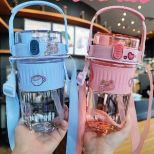 MEOKIM kawaii water bottle Straw Cup Pot Belly Cup Portable Large Capacity Plastic Water Bottle With Cute Stickers(Pink,605ML)