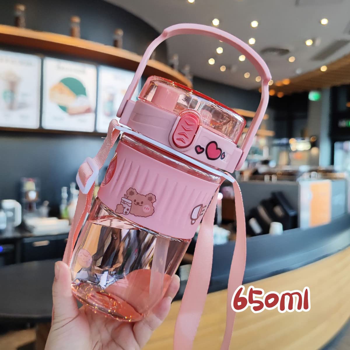 MEOKIM kawaii water bottle Straw Cup Pot Belly Cup Portable Large Capacity Plastic Water Bottle With Cute Stickers(Pink,605ML)