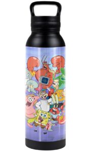 spongebob official spongebob character group 24 oz insulated canteen water bottle, leak resistant, vacuum insulated stainless steel with loop cap
