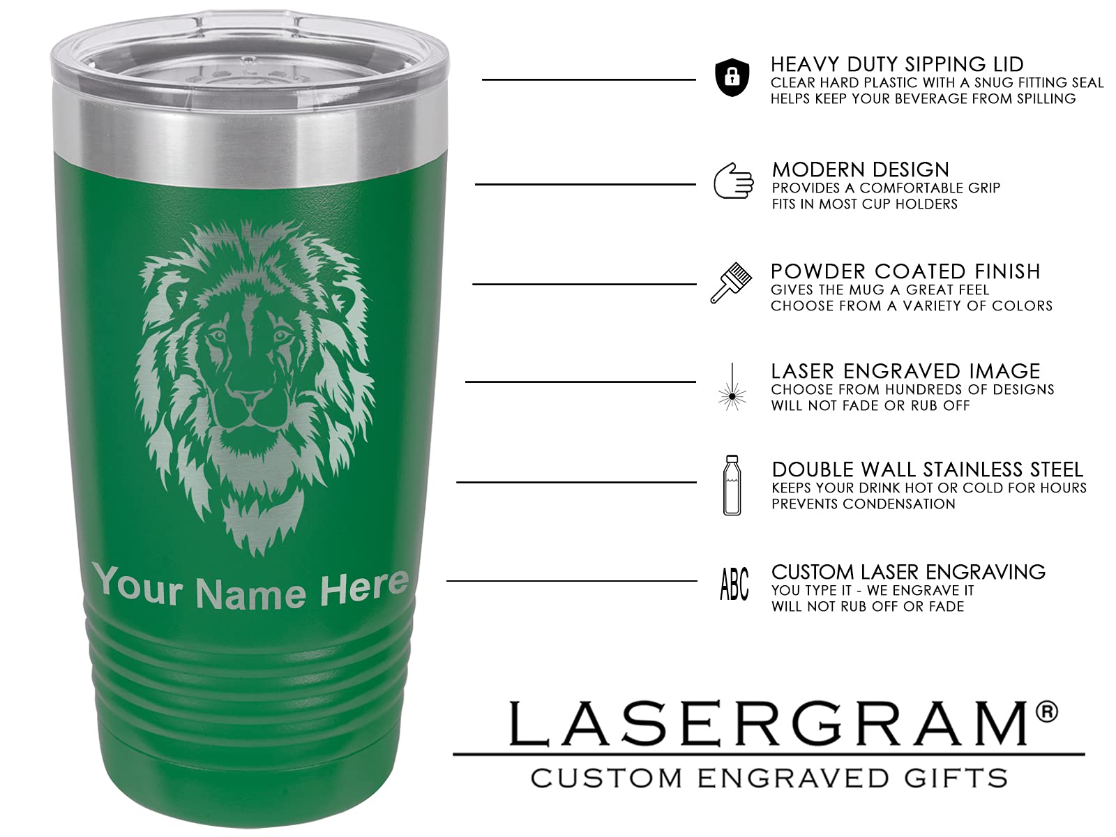 LaserGram 20oz Vacuum Insulated Tumbler Mug, Monarch Butterfly, Personalized Engraving Included (Green)